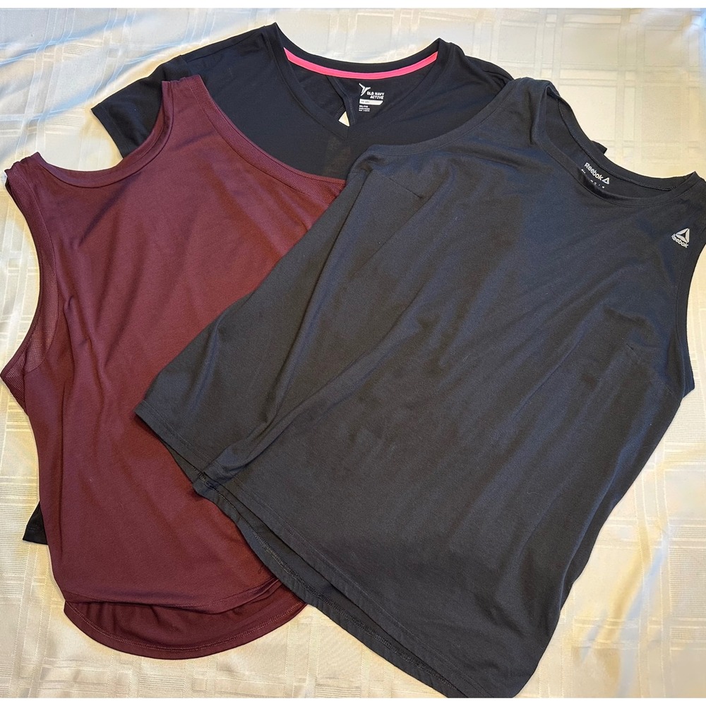 Old Navy Reebok Activewear Lot Women 2X XXL Black Burgundy Tank Top Tee Bundle
